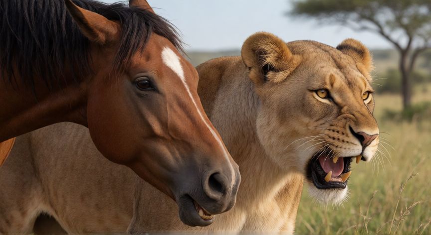 que animal gruñe, Caballo y leona emitiendo señales de advertencia con el cuerpo