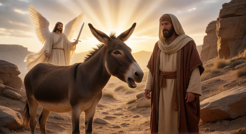 que animal hablo en la biblia, Asno de Balaam hablando en un camino desértico con luz divina