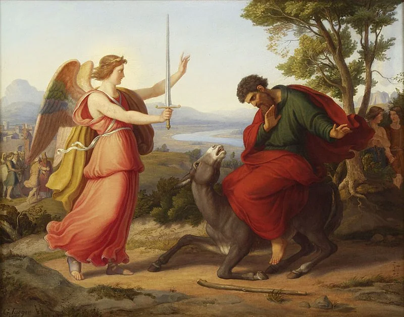 que animal hablo en la biblia, Balaam sobre el asna parlante frente al ángel con la espada, óleo de Gustav Jäger