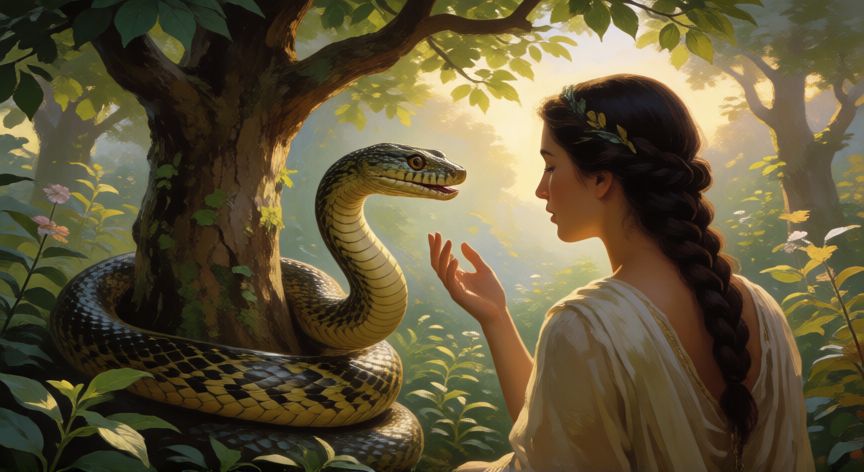 que animal hablo en la biblia, Serpiente del jardín del Edén hablando cerca del árbol del conocimiento
