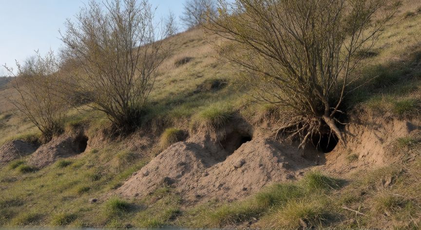 que animal hace agujeros en la tierra, Entradas de madrigueras de animales excavadores en una ladera con matorrales y tierra removida
