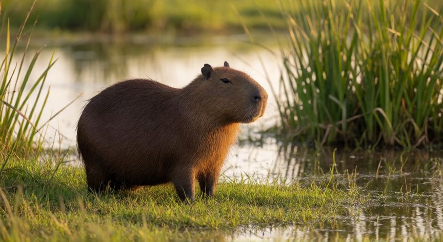 que animal hace caca cuadrada, Capybara en un humedal con vegetación verde