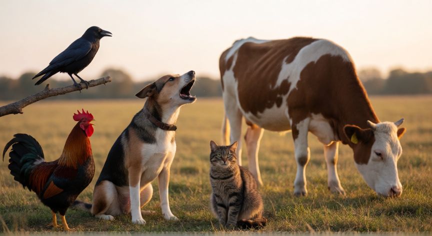 qué animal hace este ruido, Grupo de animales comunes mostrando sus sonidos característicos al atardecer