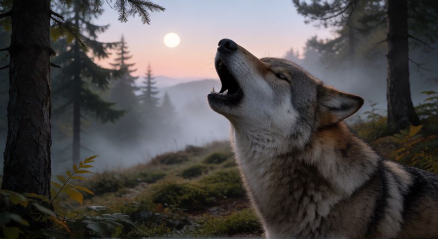 qué animal hace este sonido, Lobo aullando en una colina durante el crepúsculo