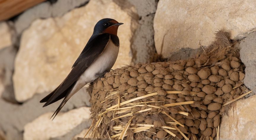 que animal hace nido de barro, Golondrina en un nido de barro pegado a una pared