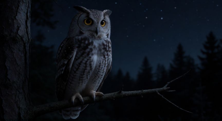 que animal hace ruido en la noche, Búho posado en una rama durante la noche bajo el cielo estrellado