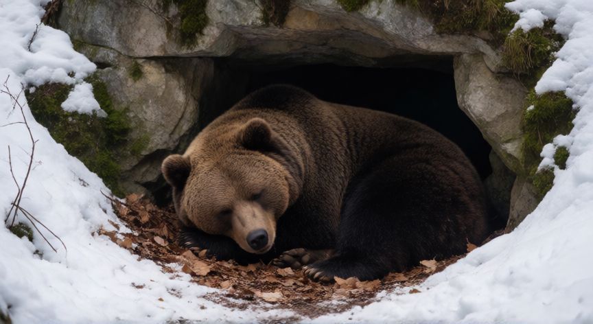 que animal hiberna en invierno, oso pardo durmiendo en una cueva nevada durante el invierno