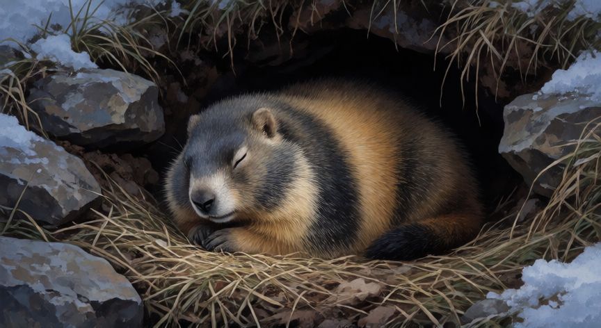 que animal hiberna en invierno, marmota hibernando en su madriguera durante el invierno