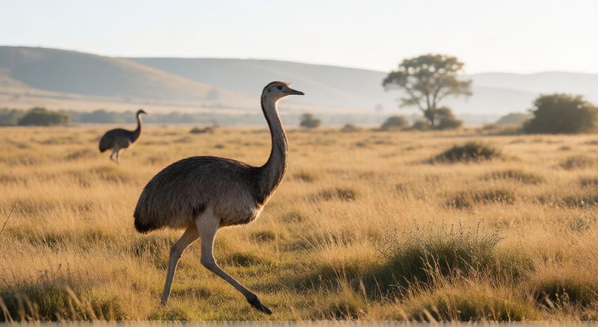 que animal identifica a argentina, Ñandú caminando por los pastizales de la pampa argentina al amanecer