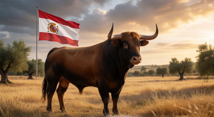 que animal identifica a españa, Toro bravo en un campo de Andalucía al atardecer, símbolo cultural de España