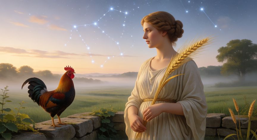 que animal identifica a virgo, Símbolo astrológico de Virgo con una joven clásica, espiga de trigo y un gallo en un campo al amanecer