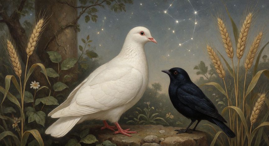 que animal identifica a virgo, Paloma y tordo junto a espigas de trigo bajo un cielo estrellado con simbolismo astrológico de Virgo