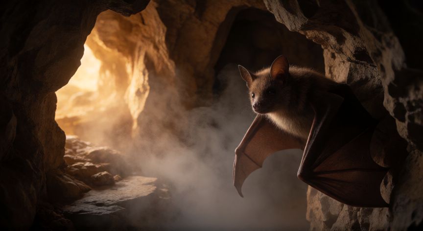 Murciélago descansando en una cueva, posible origen animal del coronavirus SARS-CoV-2