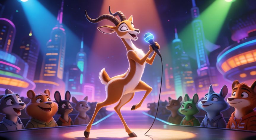 que animal interpreta shakira en zootopia, Gazelle, la gacela que interpreta Shakira en Zootopia, sobre un escenario iluminado