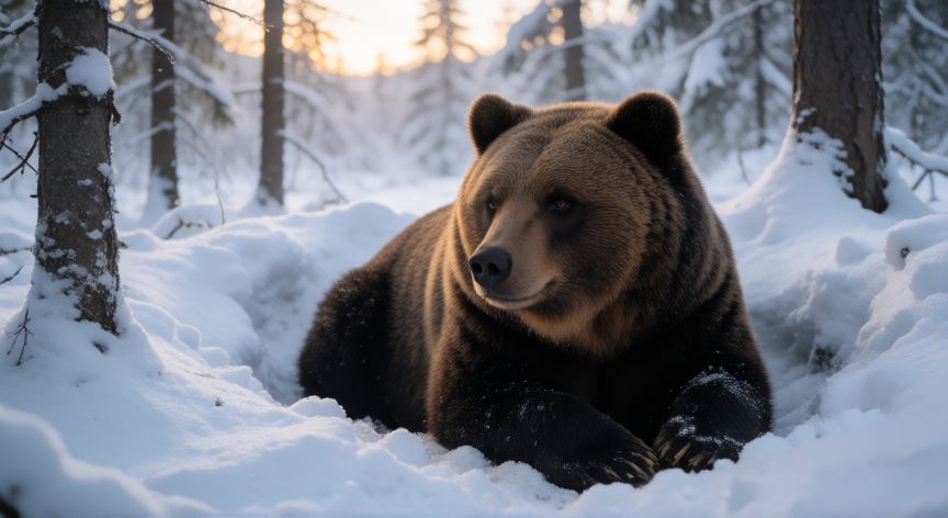 que animal inverna, Oso pardo durmiendo en una madriguera nevada durante el invierno