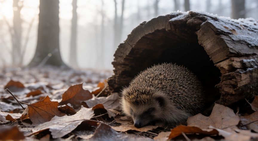 que animal inverna, Erizo dormido entre hojas secas cerca de un tronco hueco en invierno