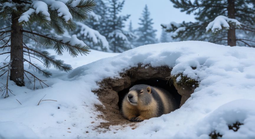 que animal inverna en invierno, Marmota hibernando en su madriguera durante el invierno