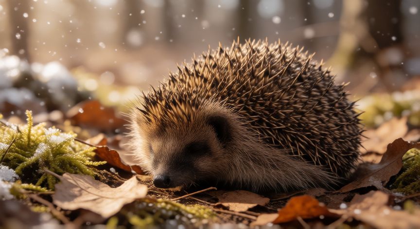 que animal inverna en invierno, Erizo durmiendo entre hojas y nieve en un bosque de invierno