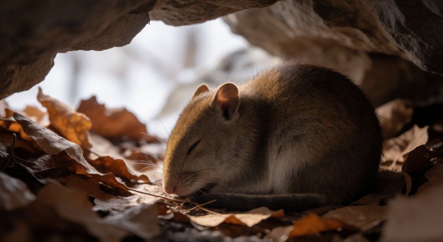 que animal inverna mas, Pequeño roedor durmiendo en una cueva durante la hibernación invernal