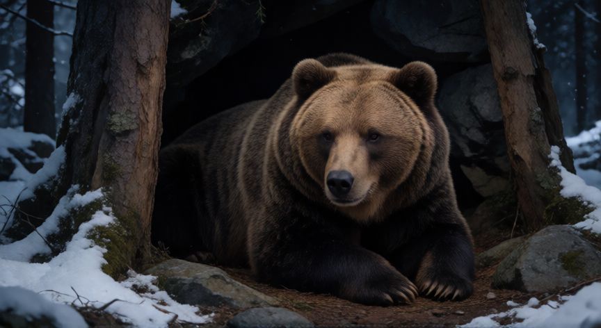 que animal inverna mas, Oso descansando en su madriguera durante el invierno en un bosque nevado