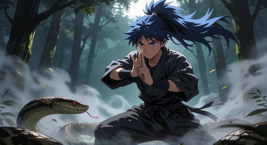 que animal invoca boruto, Boruto invocando una serpiente en un bosque con estilo anime