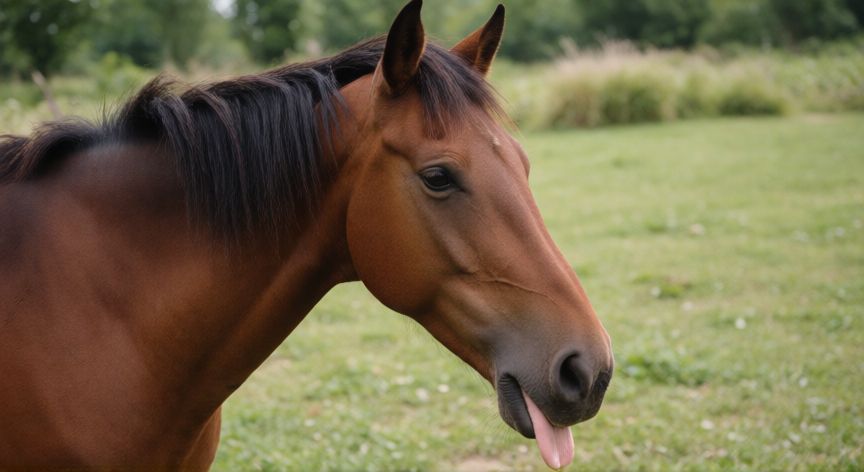 que animal jadea como los perros, Caballo jadeando con la lengua fuera en un prado