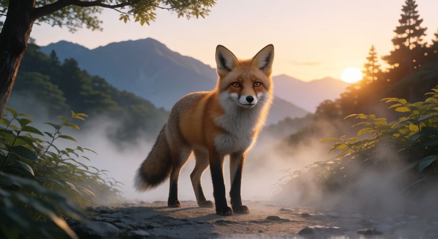 que animal japones soy, Zorro japonés en un sendero montañoso al amanecer