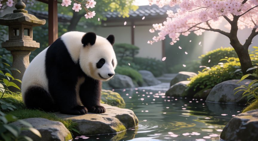 que animal japones soy, Panda gigante junto a un jardín japonés con cerezos en flor