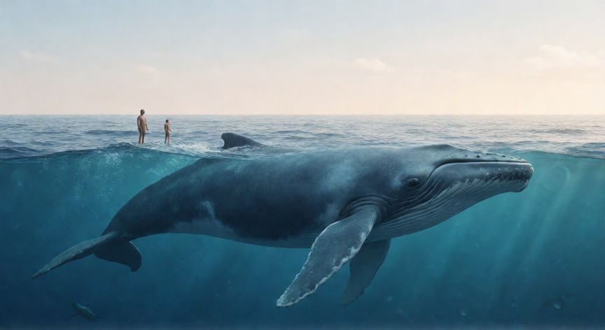 que animal la tiene mas grande, Ballena azul nadando cerca de la superficie del mar con escala de tamano