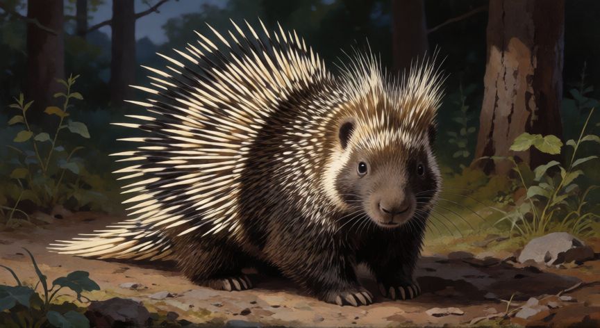 que animal lanza puas, Puercoespín en un bosque con púas visibles