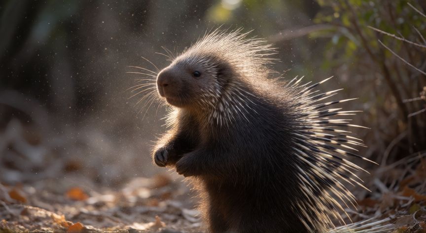 que animal lanza puas, Detalle de un puercoespín mostrando sus púas en movimiento