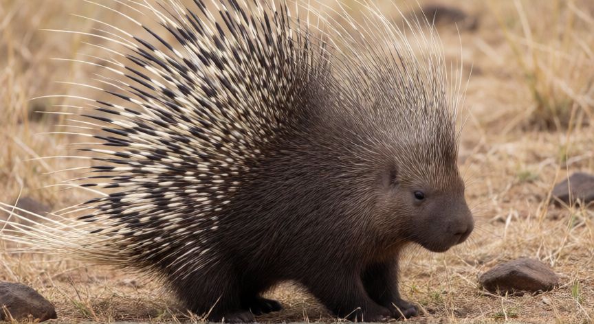 que animal lanza sus espinas, Puercoespín con las espinas levantadas en actitud defensiva sobre la tierra seca