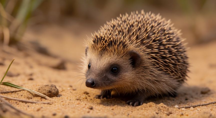 que animal lanza sus espinas, Erizo ciemnocido pequeño en terreno arenoso con espinas cortas y cuerpo compacto