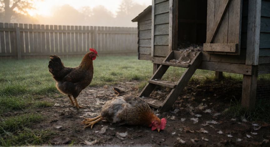que animal le arranca la cabeza a las gallinas, Gallina muerta fuera del gallinero con huellas de depredador cerca del cuello