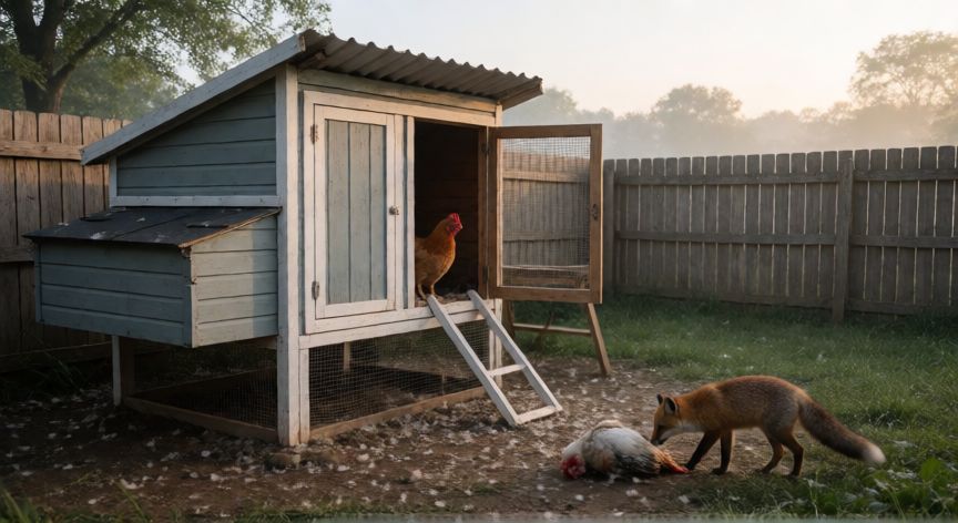 que animal le come la cabeza a las gallinas, Zorro cerca de un gallinero con una gallina muerta y plumas en el suelo