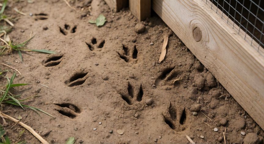 que animal le come la cabeza a las gallinas, Huellas de animal en la tierra cerca de un gallinero para identificar depredadores