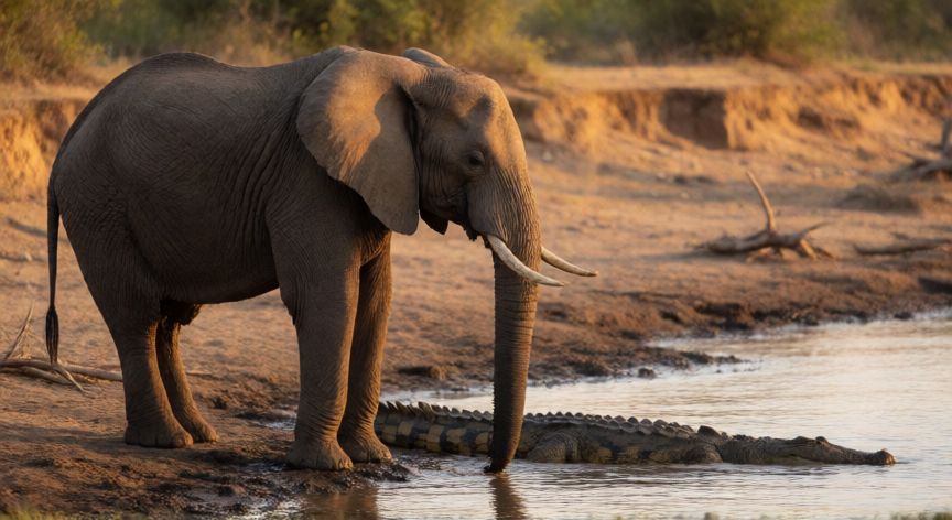 que animal le puede ganar a un elefante, Elefante africano cerca de un río con un cocodrilo del Nilo en el agua