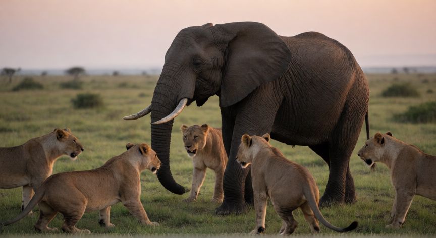 que animal le puede ganar a un elefante, Manada de leones rodeando a un elefante en la sabana al atardecer