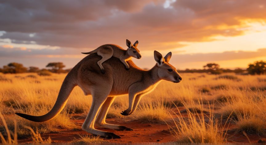 que animal lleva a sus crias en la espalda hasta madurar, Canguro hembra saltando por la sabana australiana con su cría joey aferrada a la espalda al atardecer