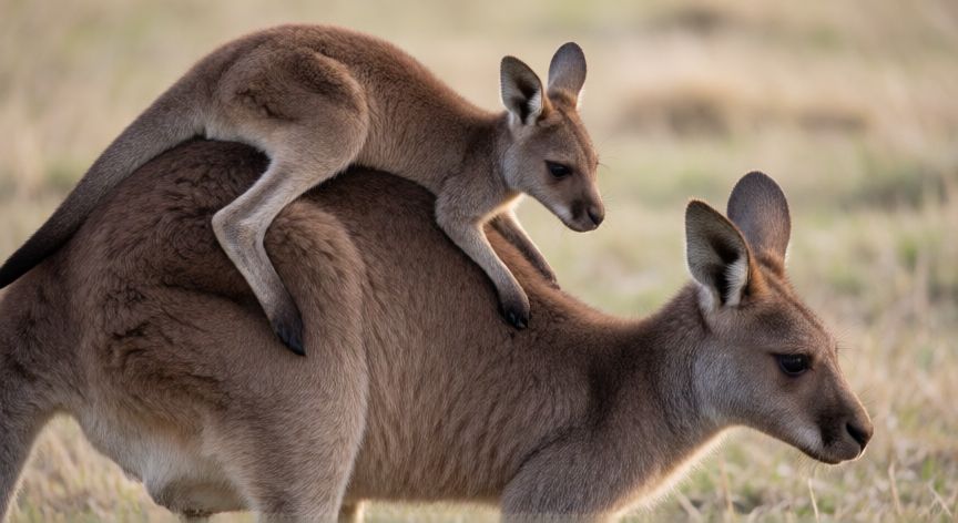 que animal lleva a sus crias en la espalda hasta madurar, Joey de canguro pequeño aferrado al pelaje de la espalda de su madre caminando por la pradera australiana