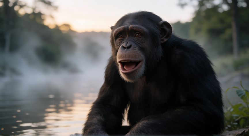 que animal llora como bebe, chimpancé con expresión triste junto al agua al atardecer