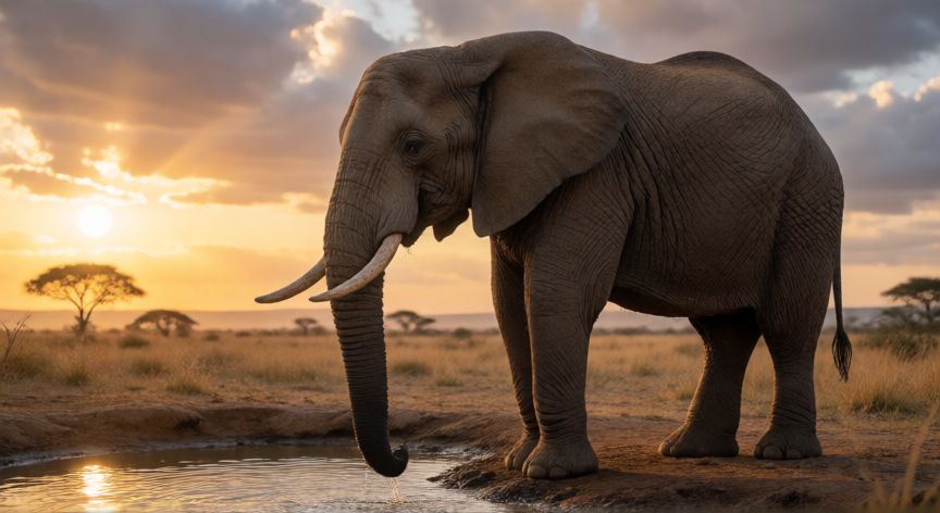que animal llora como bebe, elefante junto a un charco al amanecer con expresión melancólica