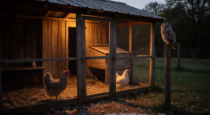 que animal mata a las gallinas, Búho cerca de un gallinero al atardecer, depredador nocturno de gallinas