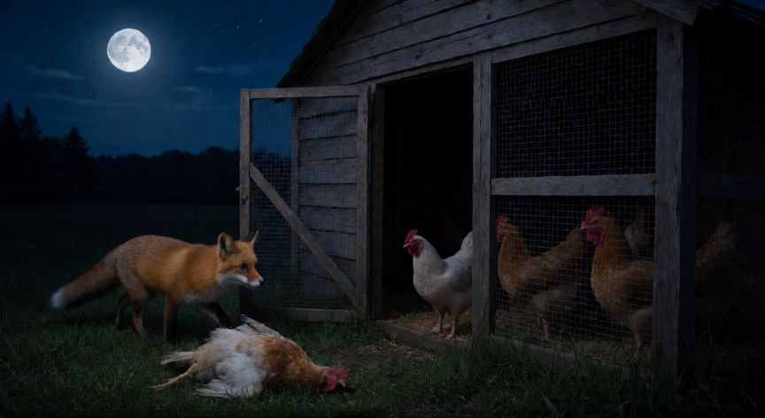 que animal mata a las gallinas, Zorro acechando una gallina muerta junto al corral durante la noche
