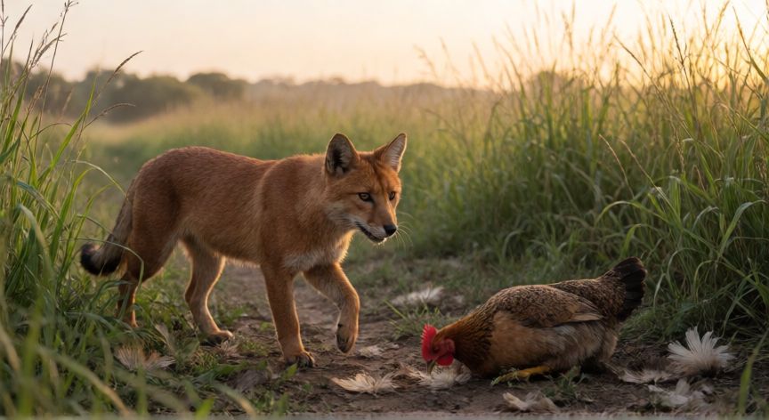 que animal mata gallinas y no se las come, Zorro cerca de una gallina muerta en un campo al amanecer