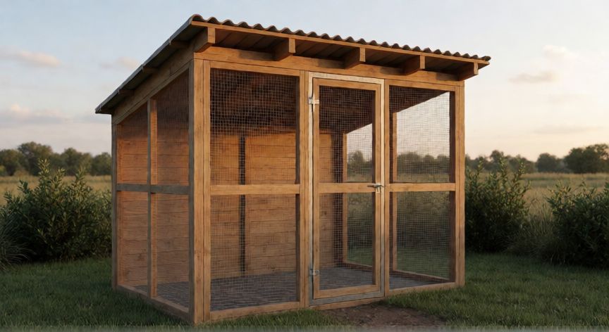que animal mata gallinas y no se las come, Gallinero protegido con malla metálica y puerta reforzada en el campo