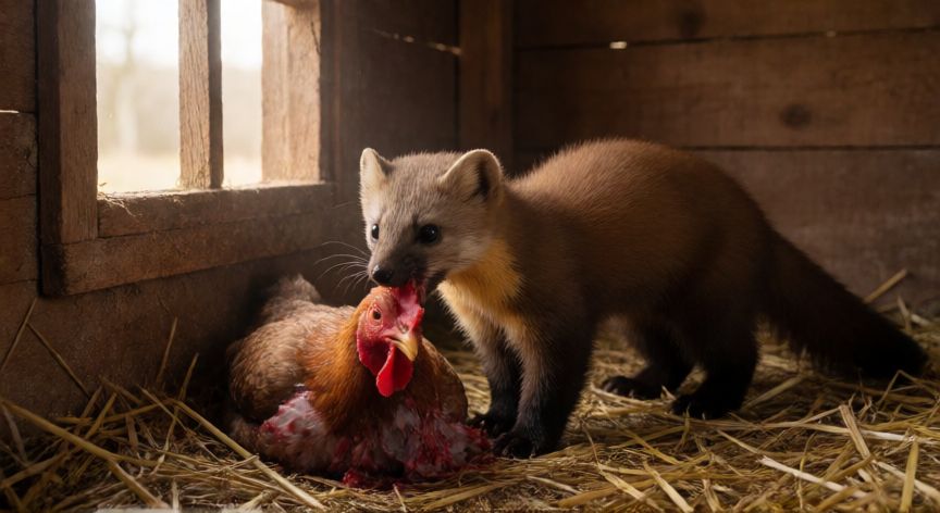 que animal mata las gallinas y se come la cabeza, Marta comiéndose la cabeza de una gallina muerta dentro de un gallinero