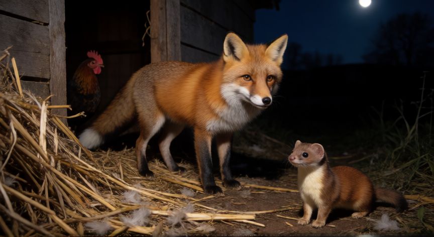 que animal mata las gallinas y se come la cabeza, Zorro y comadreja junto a la entrada de un gallinero por la noche