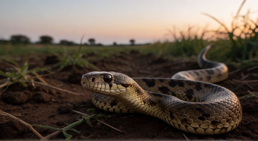 que animal mata mas personas al año, Serpiente venenosa en zona rural al atardecer, uno de los animales más mortales por picadura