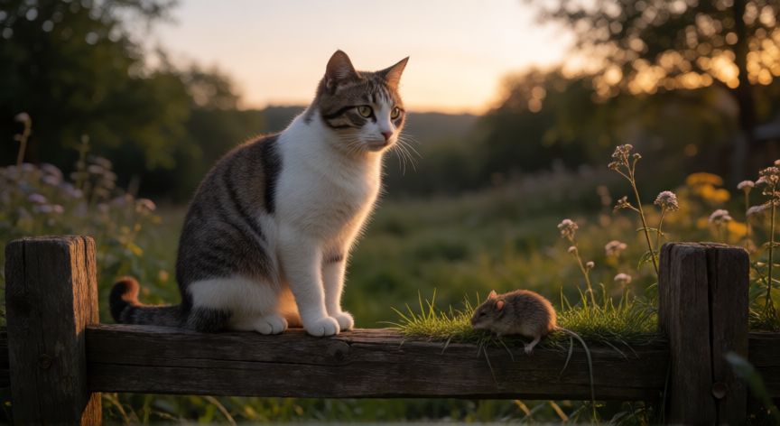 que animal mata por placer, Gato doméstico junto a una presa en un jardín al atardecer